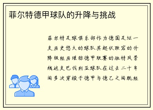菲尔特德甲球队的升降与挑战